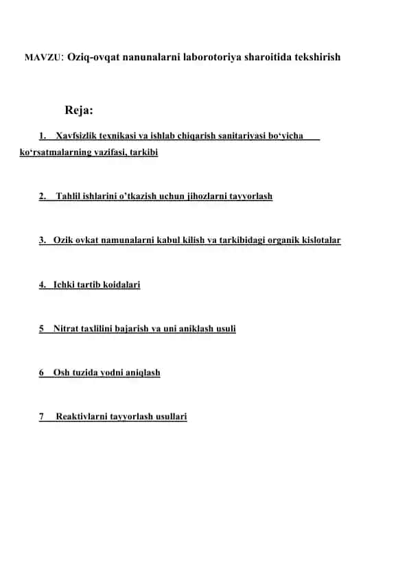 Oziq-ovqat nanunalarni laboratoriyada tekshirish
