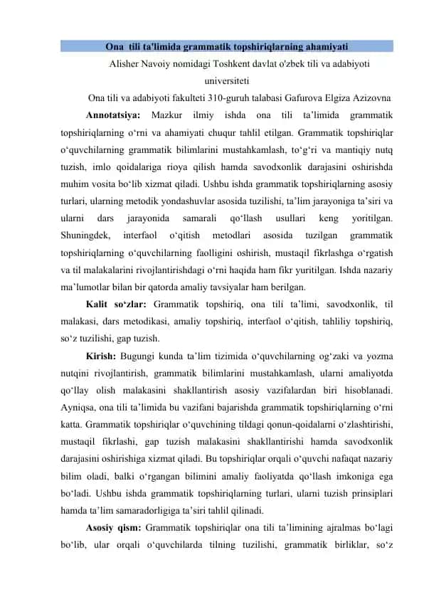 Ona tili ta'limida grammatik topshiriqlarning ahamiyati