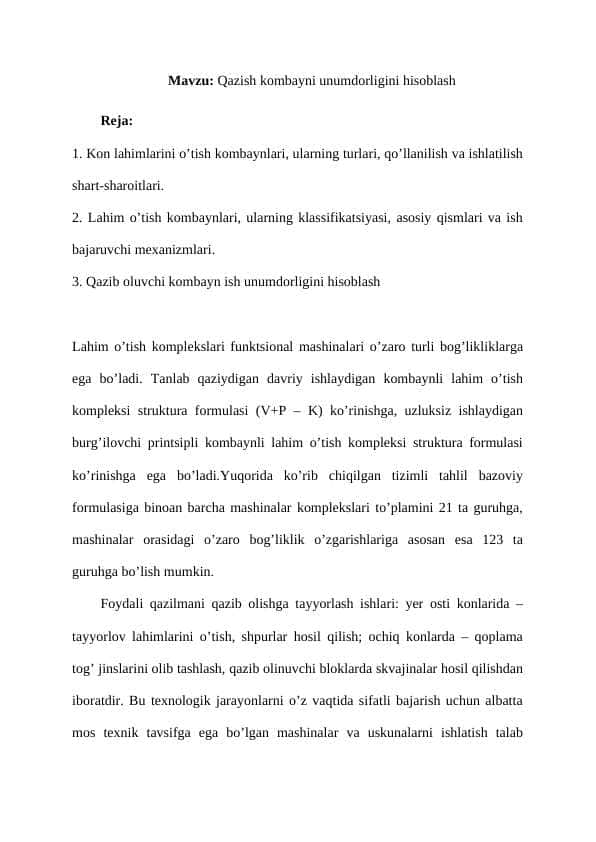 Qazish kombayni unumdorligini hisoblash