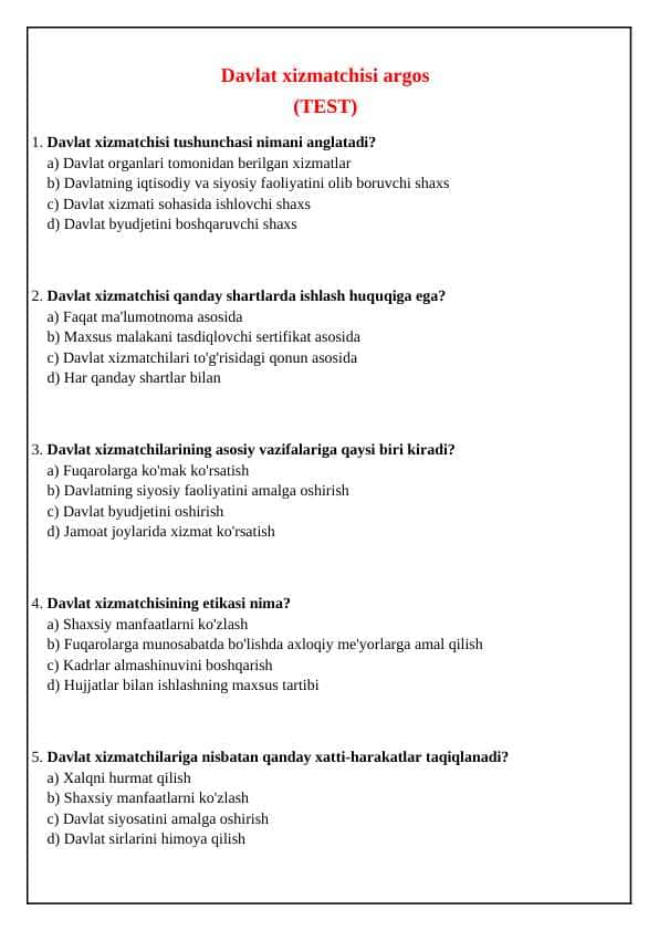 Davlat xizmatchisi argos (50 talik test)