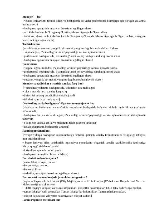 menejemnt fanidan yakuniy test savollari va javoblari docx