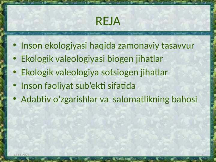 EKOLOGIK VALEOLOGIYA MUAMMOLARI
