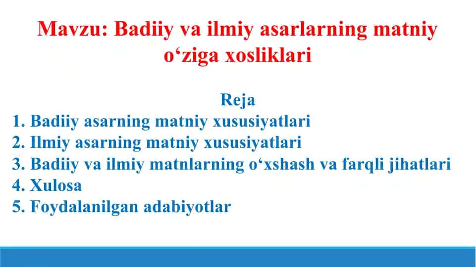 Badiiy va ilmiy asarlarning matniy o‘ziga xosliklari. Taqdimot 10 bet.