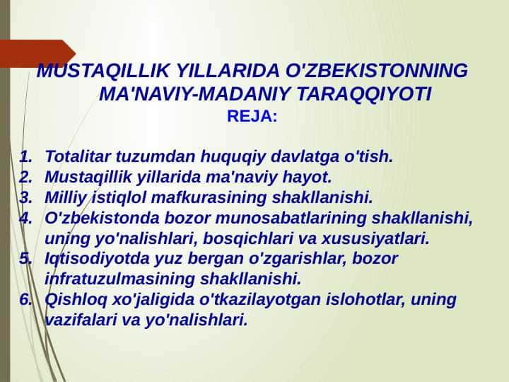 MUSTAQILLIK YILLARIDA O'ZBEKISTONNING MA'NAVIY-MADANIY TARAQQIYOTI