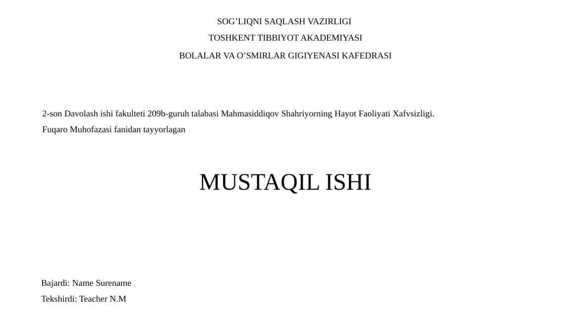 Aholining tabiiy ofatlar, katta falokatlar va talofatlarda tibbiy jihatdan ta'minlanishini tashkil etish