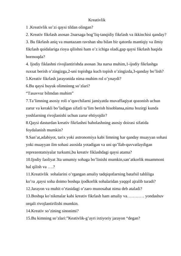 Kreativlik krossword