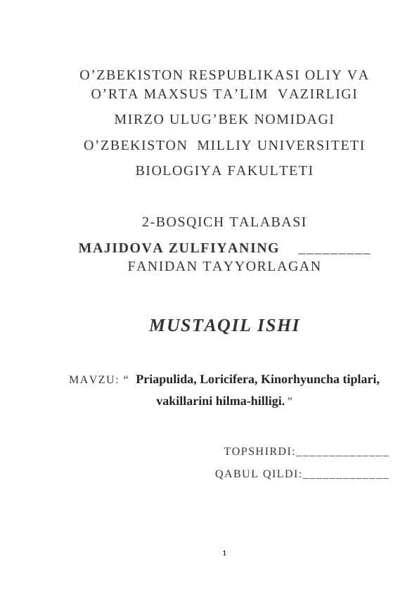 : “ Priapulida, Loricifera, Kinorhyuncha tiplari, vakillarini hilma-hilligi. ”