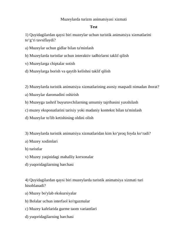Muzeylarda turizm animatsiyasi xizmati