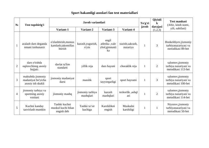 Sport hakamligi asoslari fanidan test materiallari