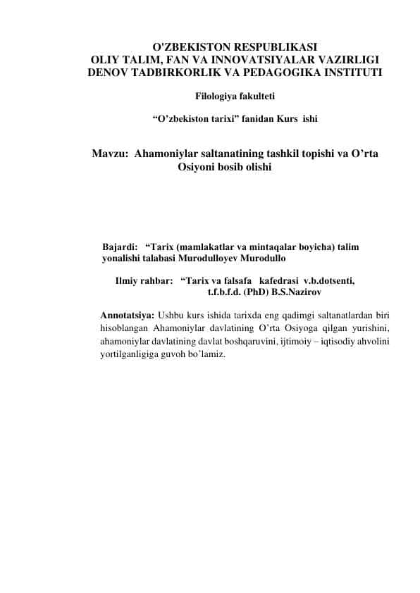 Ahamoniylar saltanatining tashkil topishi va O’rta Osiyoni bosib olishi