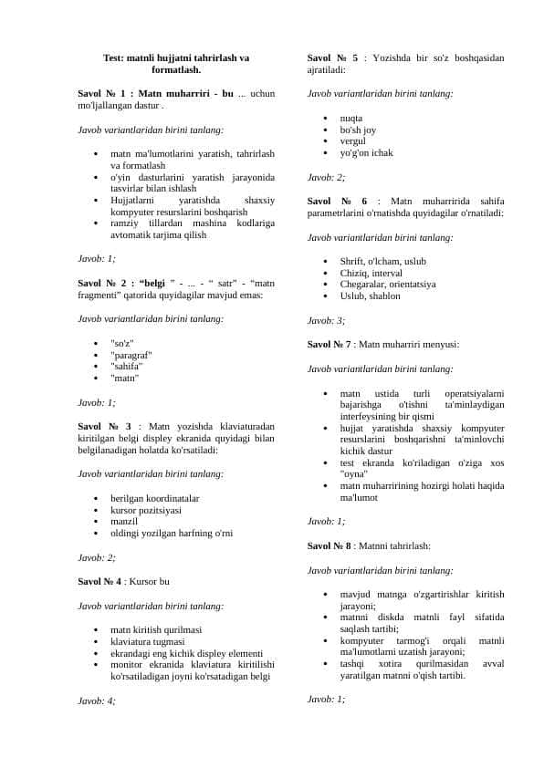 Informatika fanidan testlar