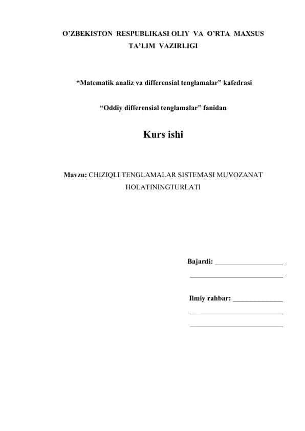 Chiziqli tenglamalar sistemasi muvozanat holatining turlari