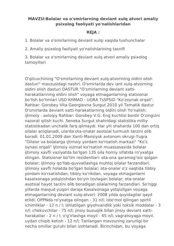 Bolalar va o'smirlarning deviant xulq atvori amaliy psixolog faoliyati yo'nalishlaridan
