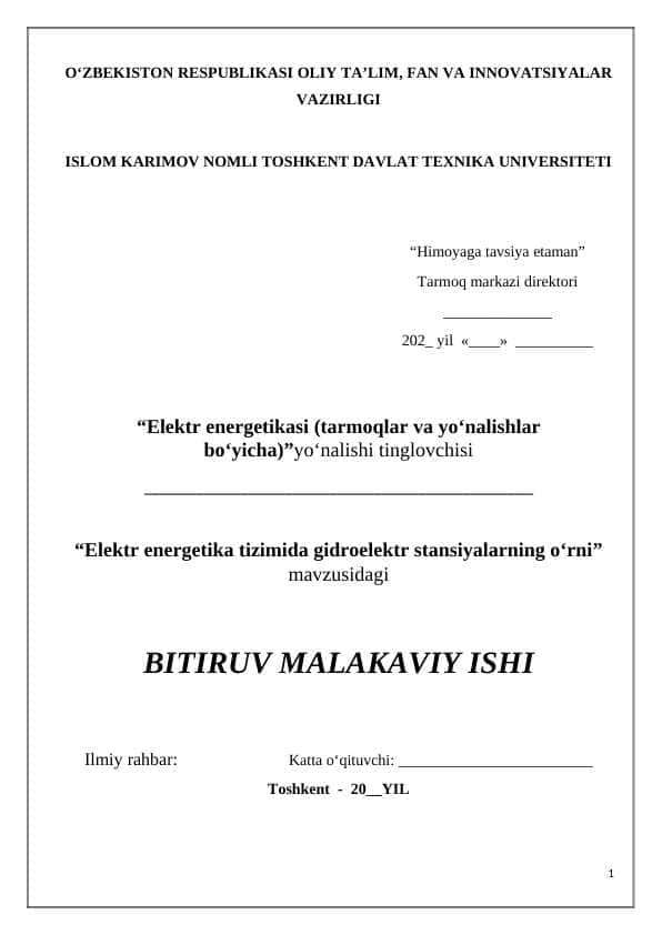 Elektr energetika tizimida gidroelektr stansiyalarning o‘rni BMI