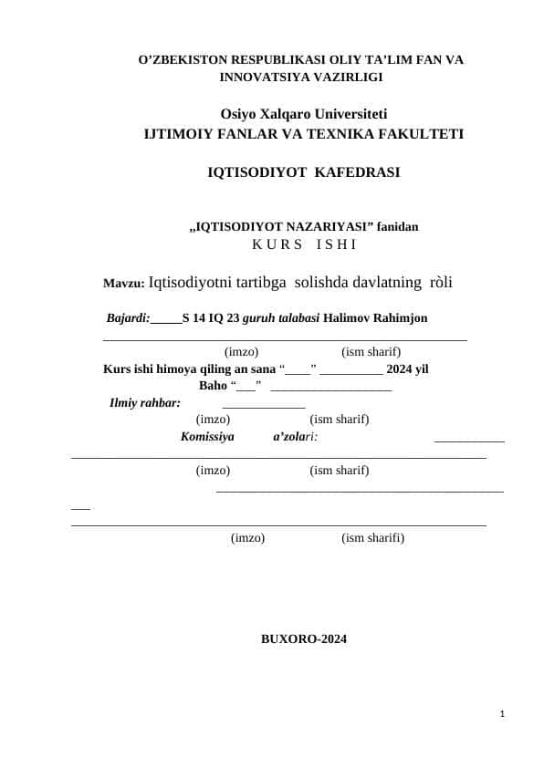 Iqtisodiyotni tartibga solishda davlatning ròli