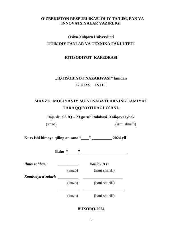 MOLIYAVIY MUNOSABATLARNING JAMIYAT TARAQQIYOTIDAGI O`RNI.
