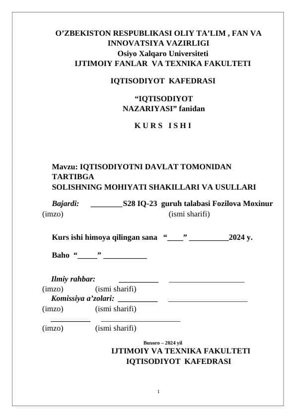 IQTISODIYOTNI DAVLAT TOMONIDAN TARTIBGA SOLISHNING MOHIYATI SHAKILLARI VA USULLARI