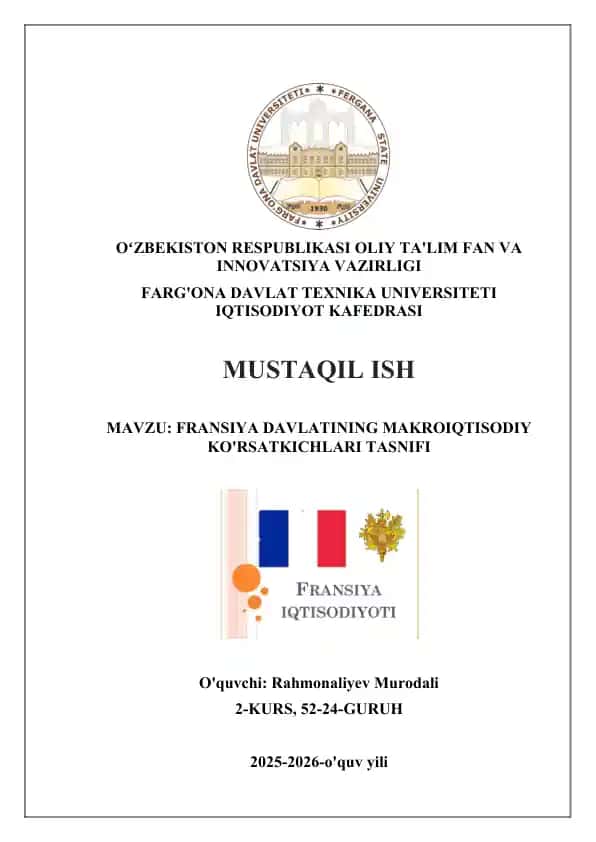 FRANSIYA DAVLATINING MAKROIQTISODIY KO'RSATKICHLARI TASNIFI