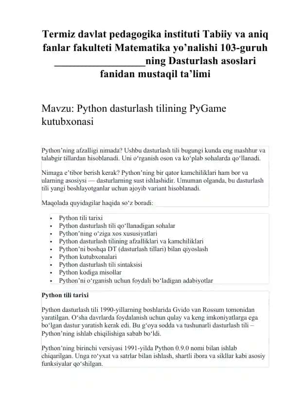 Python dasturlash tilining PyGame kutubxonasi