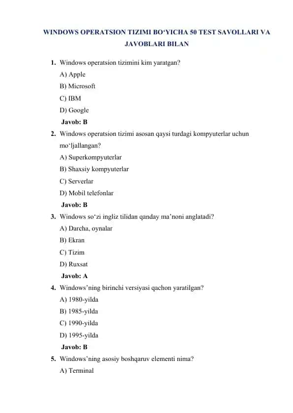 WINDOWS OPERATSION TIZIMI BOʻYICHA 50 TEST SAVOLLARI VA JAVOBLARI BILAN