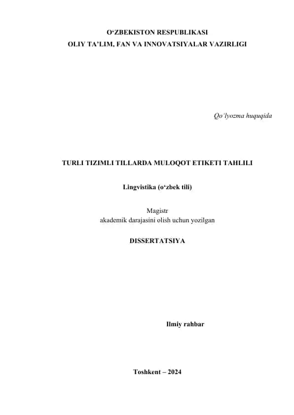 TURLI TIZIMLI TILLARDA MULOQOT ETIKETI TAHLILI