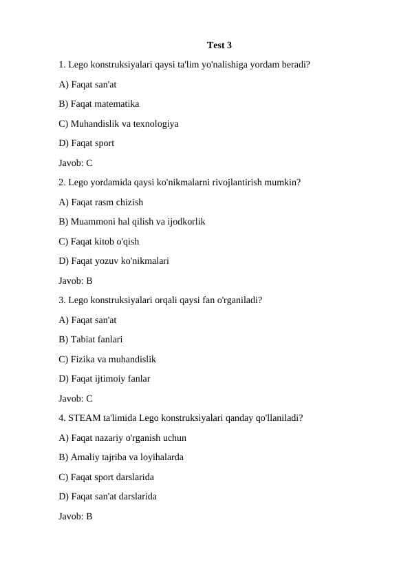 Lego konstruksiyalari qaysi ta'lim yo'nalishiga yordam beradi?