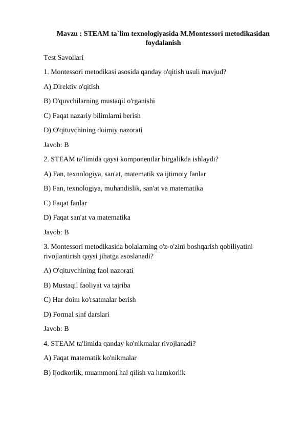 STEAM ta`lim texnologiyasida M.Montessori metodikasidan foydalanish