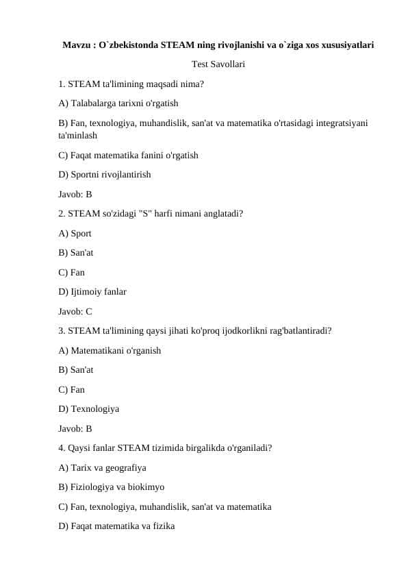 : O`zbekistonda STEAM ning rivojlanishi va o`ziga xos xususiyatlari
