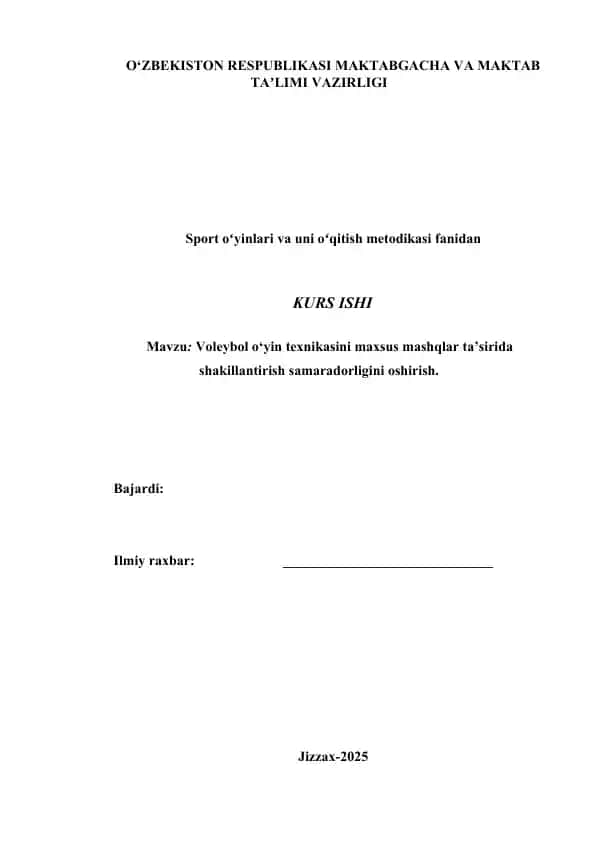 Voleybol o‘yin texnikasini maxsus mashqlar ta’sirida shakillantirish samaradorligini oshirish.