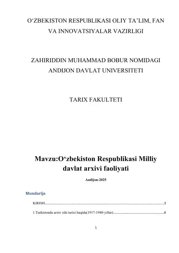 O‘zbekiston Respublikasi Milliy arxiv faoliyati
