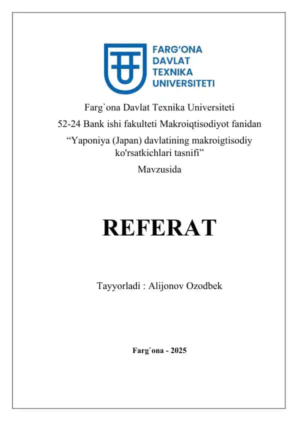"Yaponiya (Japan) davlatining makroigtisodiy ko'rsatkichlari tasnifi"