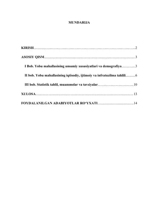 Andijon viloyati Paxtachi tumanidagi "Yobu mahallasi statistik tahlili"