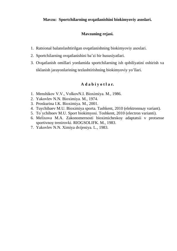 Sportchilarning ovqatlanishini biokimyoviy asoslari