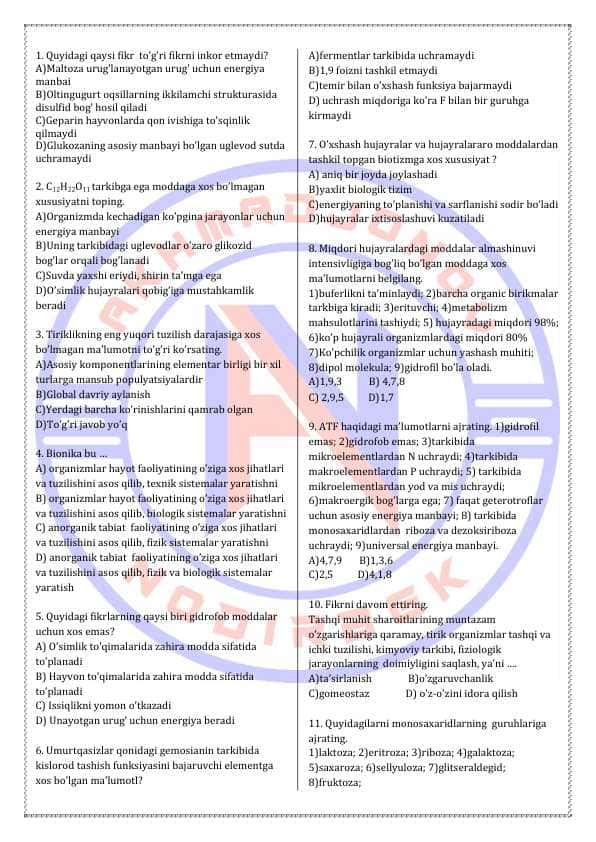 Biologiya fanidan testlar | 10-sinf 1400 ta test javobli