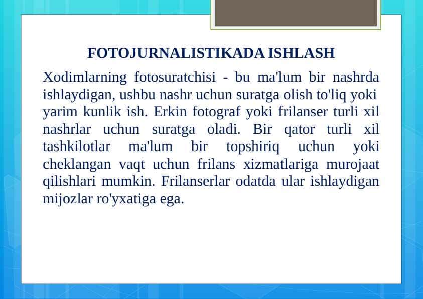 FOTOJURNALISTIKADA ISHLASH