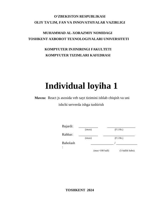 React js asosida veb sayt tizimini ishlab chiqish va uni ishchi serverda ishga tushirish