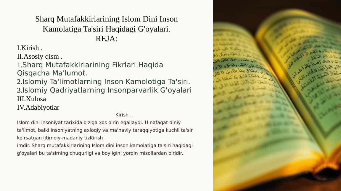 Sharq mutafakkirlariningislom dini inson kamolatiga tasiri haqigagi g'oyalar