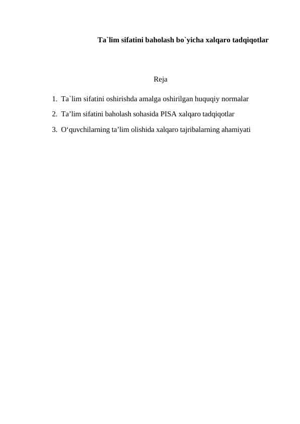 Ta`lim sifatini baholash bo`yicha xalqaro tadqiqotlar