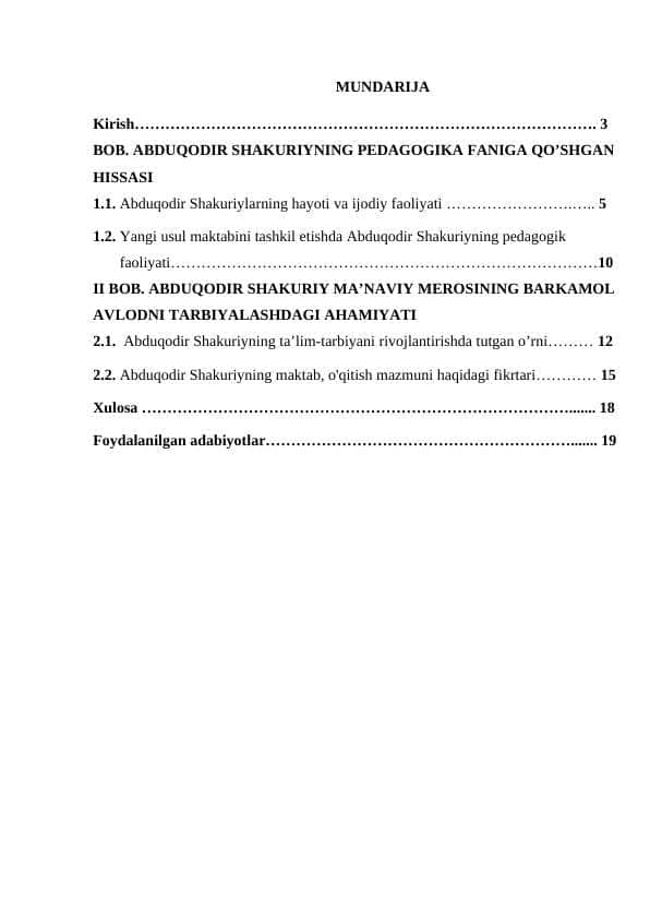 Abduqodir Shakuriyning taʼlim tarbiyaning rivojlanishida tutgan oʻrni. kurs ishi