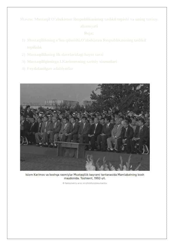 Mustaqil O’zbekiston Respublikasining tashkil topishi va uning tarixiy ahamiyati.