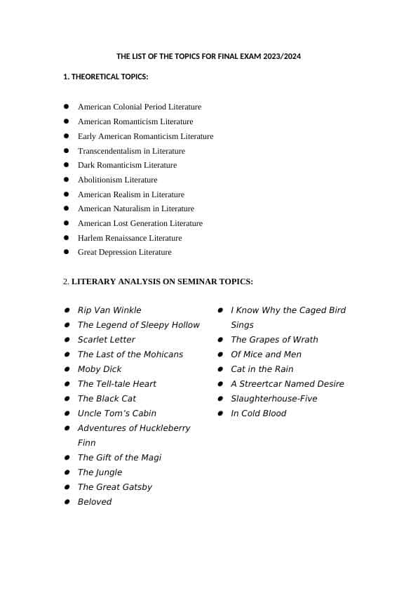final exam topics 2023-2024 TO'MA Tili O'rganilayotgan Mamlakatlar Adabiyoti