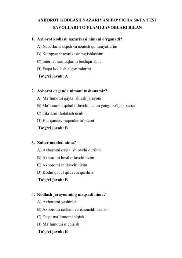 Axborot kodlash nazariyasi boʻyicha 50-ta test savollari to‘plami javoblari bilan