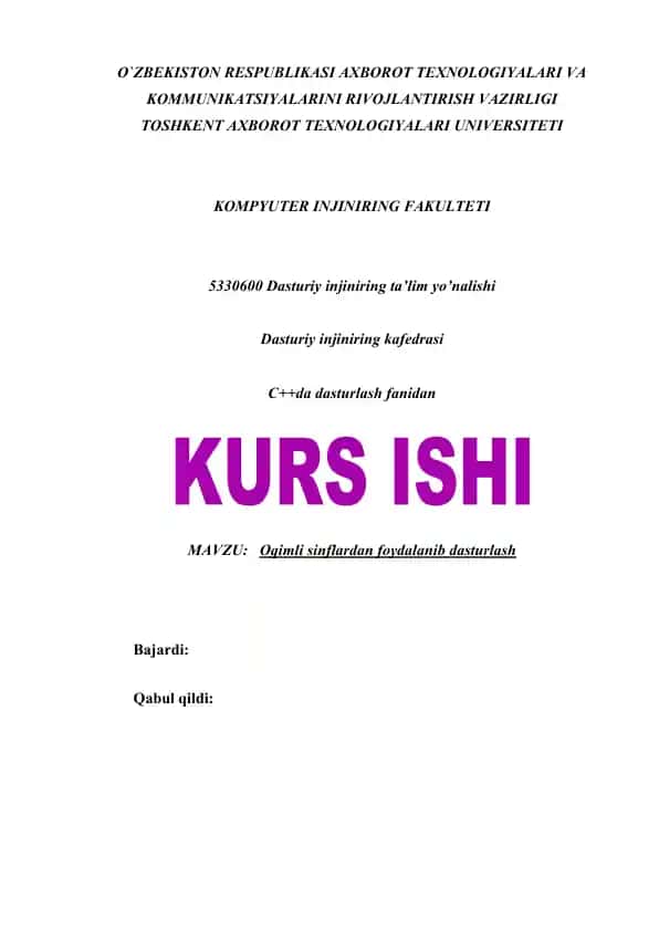 C++da dasturlash fanidan kurs ishi