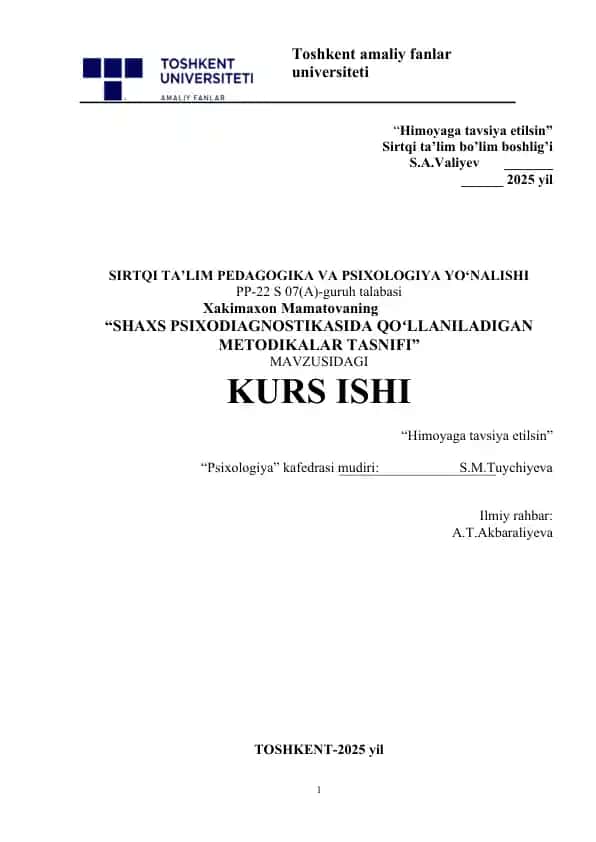 SHAXS PSIXODIAGNOSTIKASIDA QOʻLLANILADIGAN METODIKALAR TASNIFI