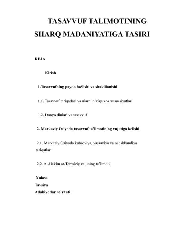 TASAVVUF TALIMOTINING SHARQ MADANIYATIGA TASIRI
