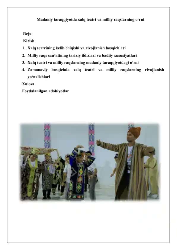 Madaniy taraqqiyotda xalq teatri va milliy raqslarning o‘rni