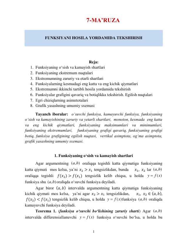 FUNKSIYANI HOSILA YORDAMIDA TЕKSHIRISH