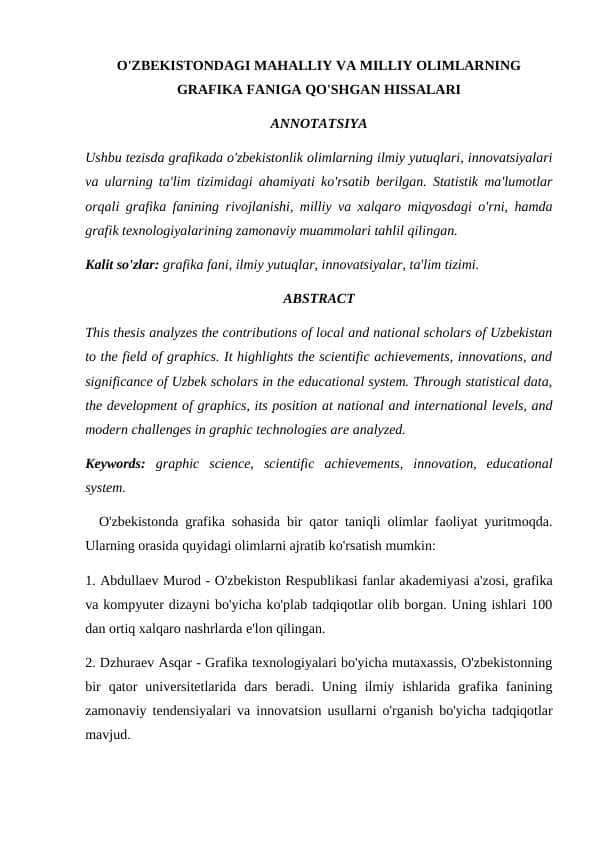 O'ZBEKISTONDAGI MAHALLIY VA MILLIY OLIMLARNING GRAFIKA FANIGA QO'SHGAN HISSALARI
