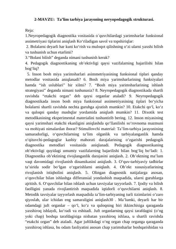 Ta’lim tarbiya jarayoning neryopedagogik strukturasi.