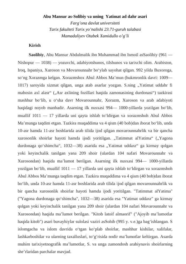 Abu Mansur as-Solibiy va uning Yatimat ad dahr asari maqola